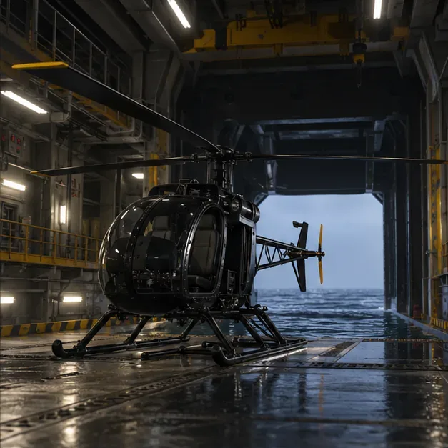 Un elicopter negru compact este parcat în interiorul unui hangar pentru submarine, cu compartimentul deschis orientat spre ocean.