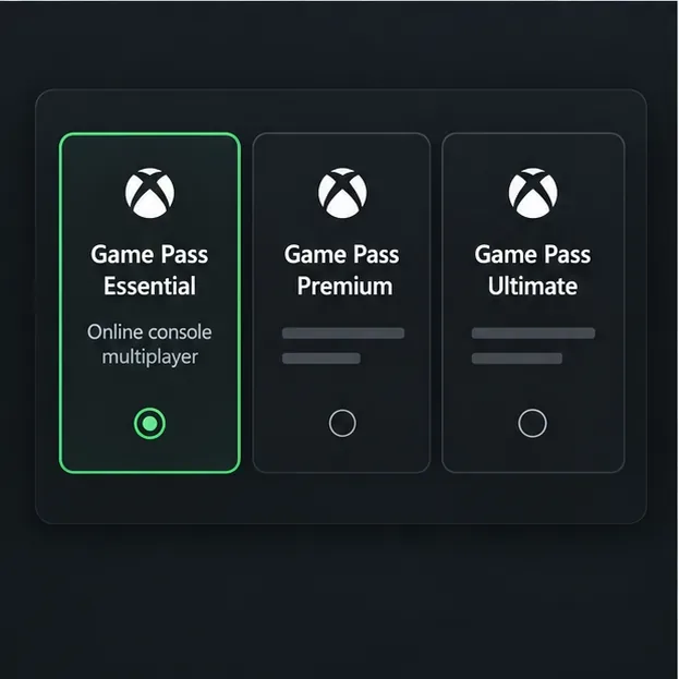 Illustrative Game Pass plan comparison highlighting Essential for online console multiplayer.