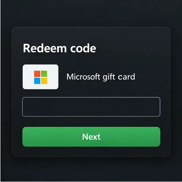 Illustrative gift-card redemption screen with a blank code field and Next button.