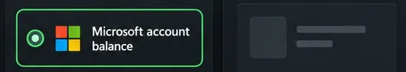 Illustrative checkout detail with Microsoft account balance selected beside a neutral order summary; the actual checkout layout can vary.