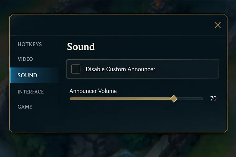 Exemplo de configurações de som do jogo com a opção "Desativar locutor personalizado" desmarcada e um controle deslizante de volume do locutor abaixo.