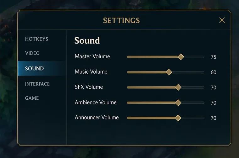 Janela de opções do jogo no modo escuro com o som selecionado e controles deslizantes separados para volume principal, música, efeitos, ambiente e locutor.