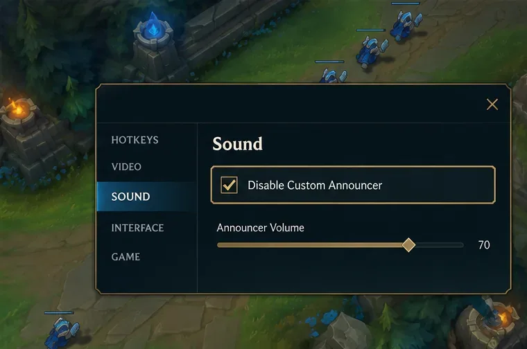 Painel de som do jogo com a caixa de seleção "Desativar locutor personalizado" marcada e o controle deslizante de volume do locutor inalterado.