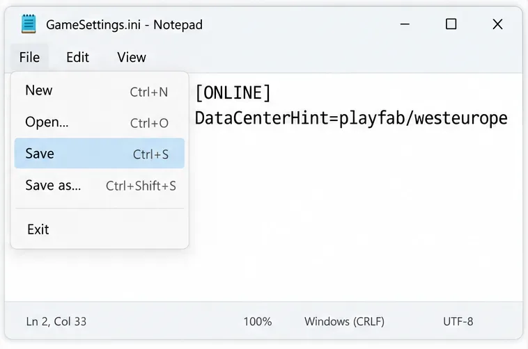 Meniul Fișier Notepad cu Salvare evidențiată deasupra unei configurații care conține valoarea Europa de Vest.