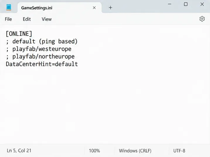 Blocnotes care afișează secțiunea ONLINE, opțiunile de regiune comentate și DataCenterHint=default.