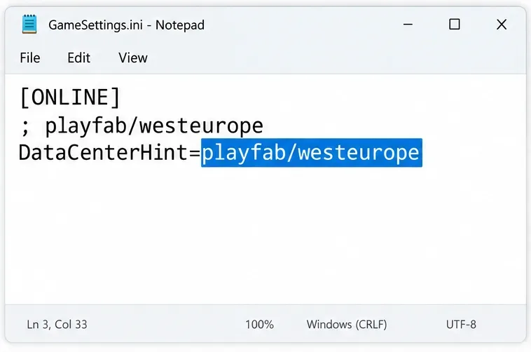 Blocnotes care afișează playfab/westeurope selectat pe linia DataCenterHint activă.