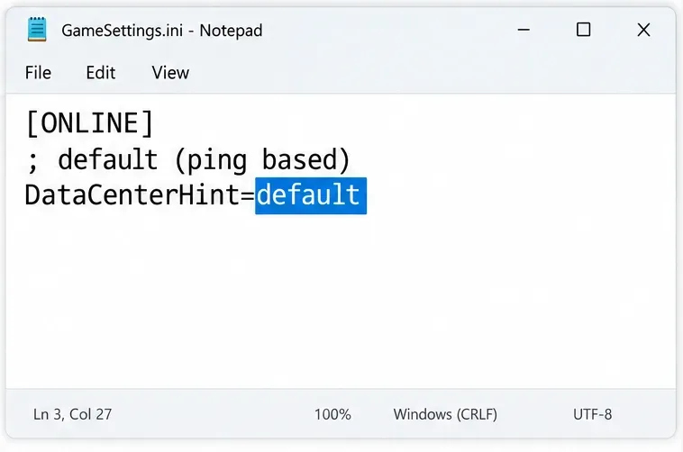 Blocnotesul afișează selecția implicită în atribuirea DataCenterHint activă.