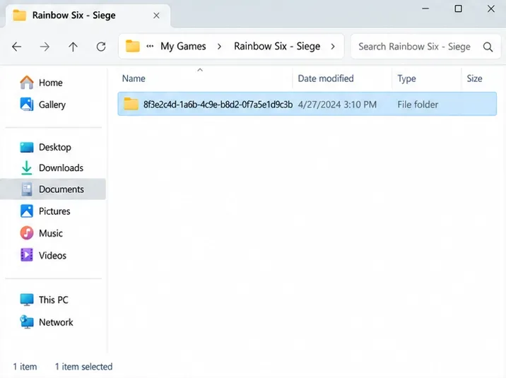 File Explorer afișează un nume lung de folder de cont selectat în Rainbow Six - Siege.