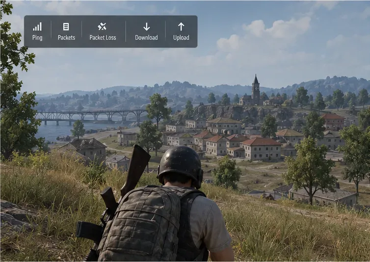 Battle royale gameplay scene with a compact network statistics HUD at the upper left