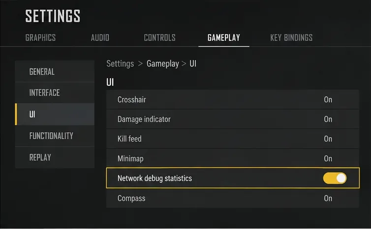 PUBG settings menu with Network debug statistics switched on