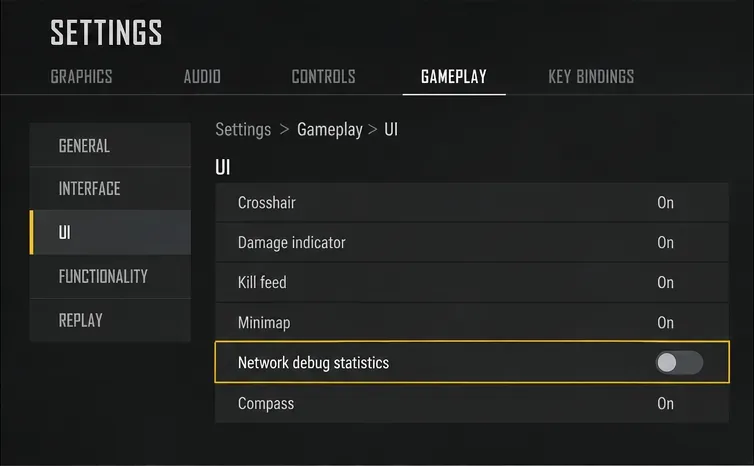 PUBG settings menu with Network debug statistics selected and switched off