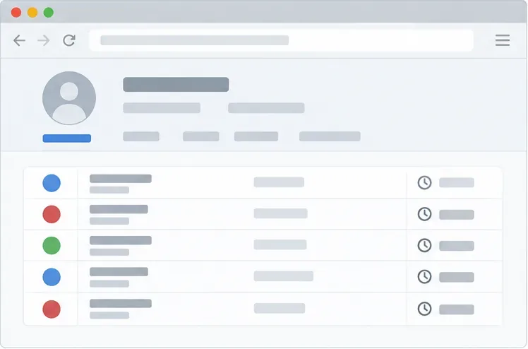 Light browser mockup showing a player profile above recent match rows with clock icons and duration fields