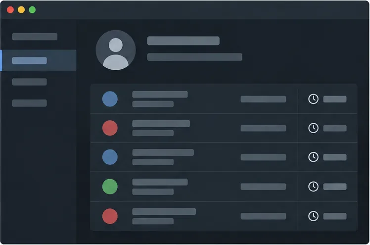 Dark software mockup showing a profile area and recent match rows with clock icons and duration fields