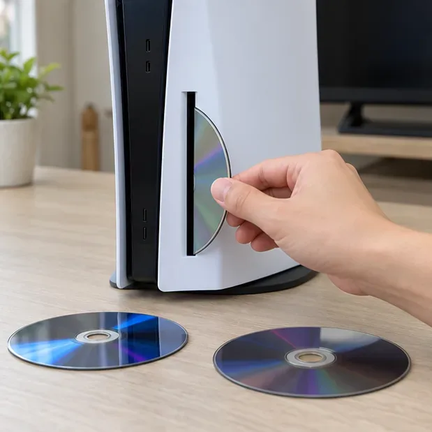 A person testing a PS5 disc drive with a clean supported disc while two other discs rest on the table