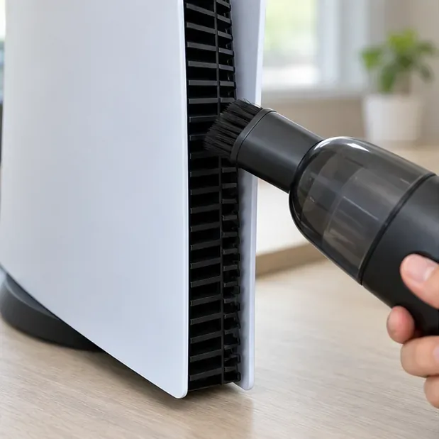 A low-powered vacuum brush held at the outside of a PS5 ventilation grille to remove surface dust