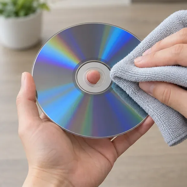 A lint-free microfiber cloth wiping a game disc in a straight line from its center toward the outer edge