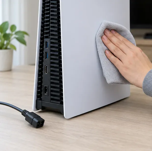 A powered-off PS5 console with its AC cable unplugged while a hand wipes the outer shell with a microfiber cloth