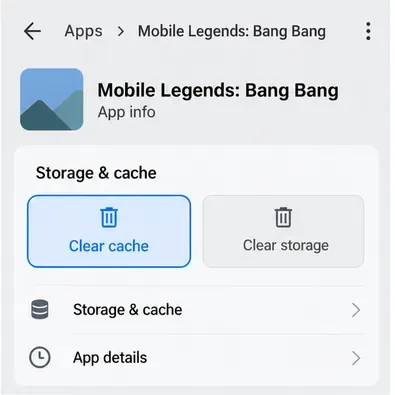 Het Android-scherm voor appopslag toont aparte knoppen voor 'Cache wissen' en 'Opslag wissen', waarbij 'Cache wissen' is gemarkeerd.