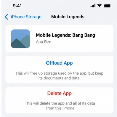 iPhone-opslagpagina voor Mobile Legends met aparte opties voor het verwijderen en verwijderen van apps.