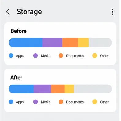 Illustratieve vergelijking van telefoonopslag met gekleurde categoriebalken met de labels 'Voor' en 'Na', zonder numerieke totalen.