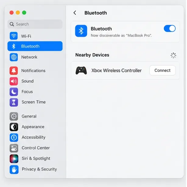 A macOS Bluetooth settings illustration showing Xbox Wireless Controller under Nearby Devices with a Connect button.