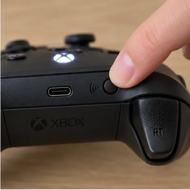 A finger pressing the Pair button beside the USB-C port on an Xbox Wireless Controller.