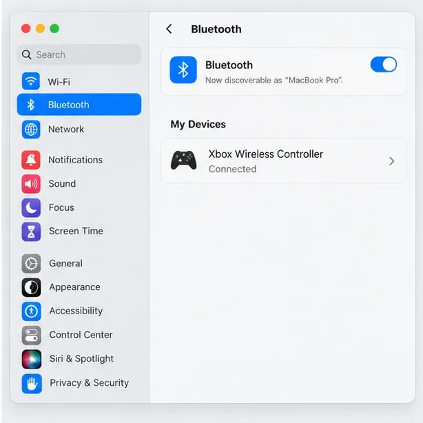 A macOS Bluetooth settings illustration showing Xbox Wireless Controller under My Devices with Connected status.