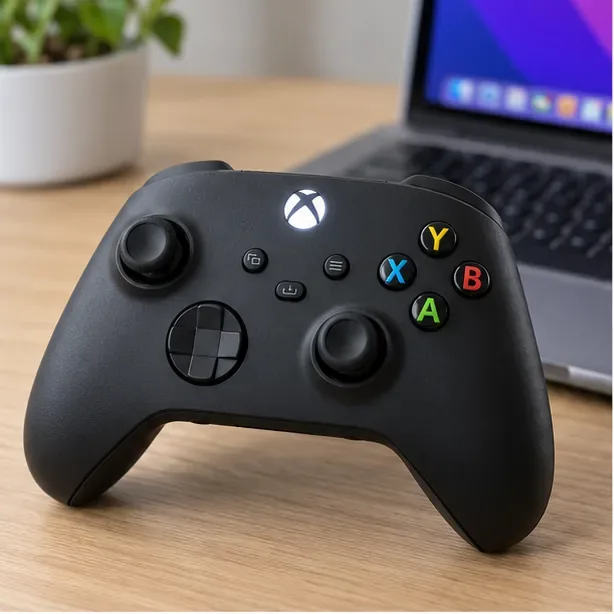 An Xbox Wireless Controller powered on beside a MacBook, with the Xbox button illuminated.