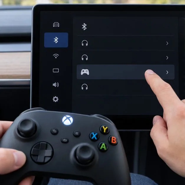 A black Xbox controller beside a Tesla touchscreen displaying Bluetooth device settings, with a finger selecting a device row.
