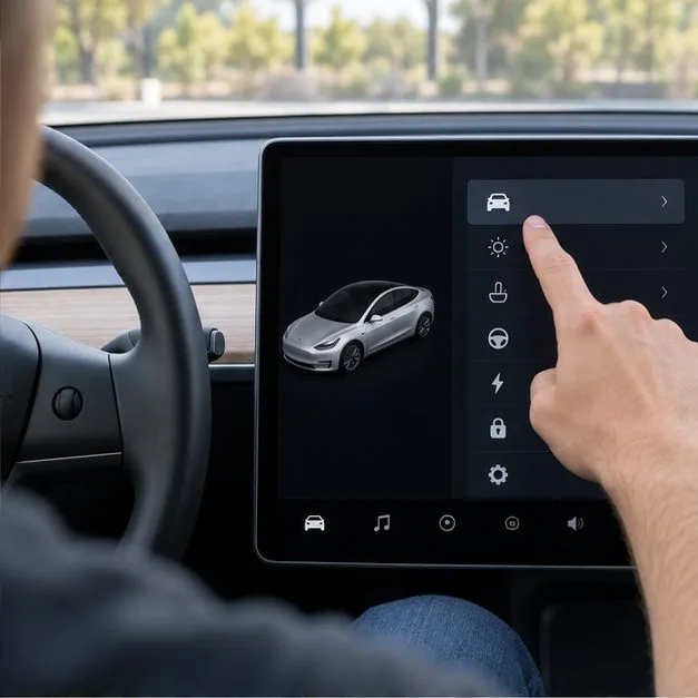 A passenger reaches toward the vehicle settings area on a Tesla center touchscreen while the car is parked.