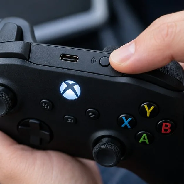 A thumb pressing the small pairing button on the top edge of an Xbox wireless controller beside its USB-C port.