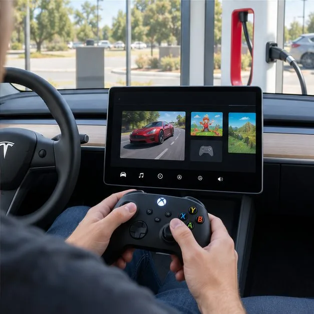 A passenger holds an Xbox controller inside a Tesla at a charging station while the vehicle remains parked and the center screen shows game tiles.