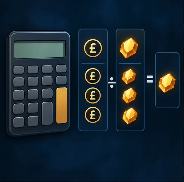 A calculator beside columns of pound symbols and point gems, separated by a division sign.