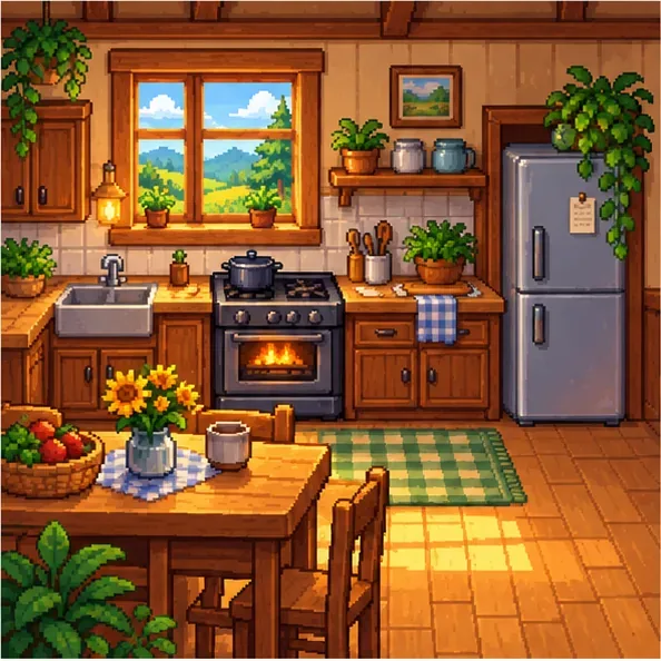 A cozy farmhouse kitchen with a stove, counter, and refrigerator
