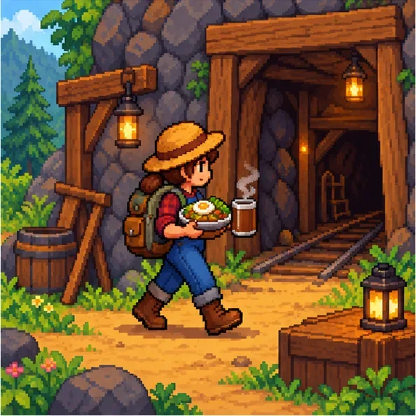 A farmer carrying a cooked meal and hot drink toward a mine entrance