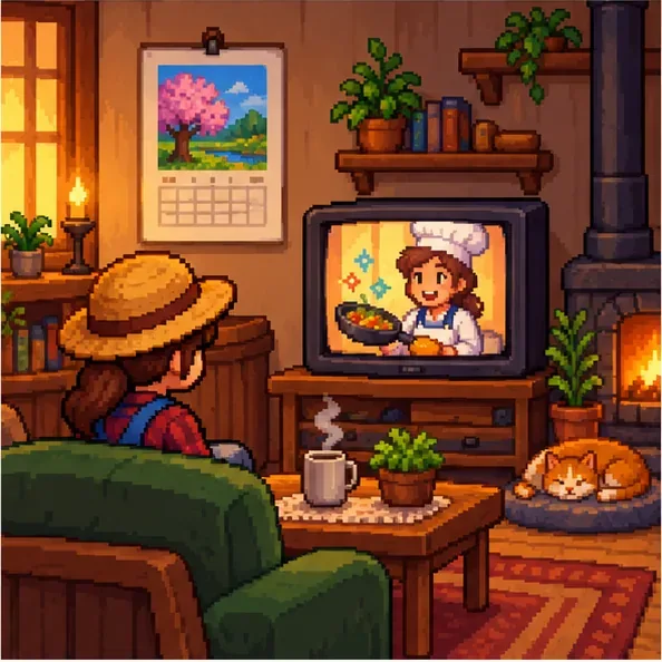 A farmer watching a cooking show on a television in a farmhouse living room