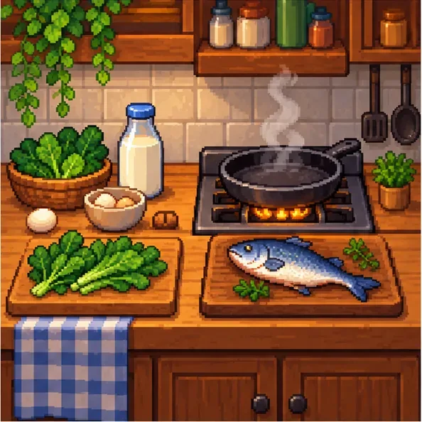 Egg, milk, leafy greens, and fish arranged beside a farmhouse stove