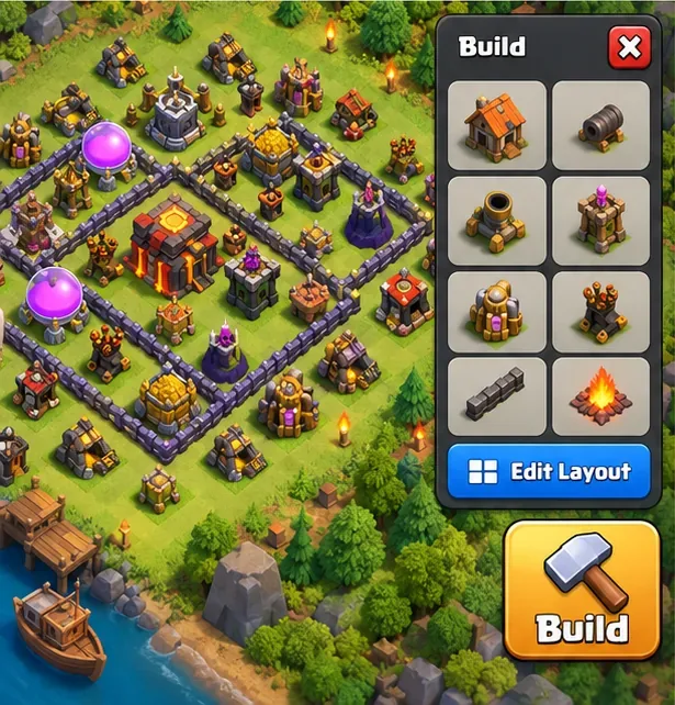 В игре Clash of Clans, в правом нижнем углу, в деревне, открыто меню «Строительство» и пункт «Редактировать планировку».
