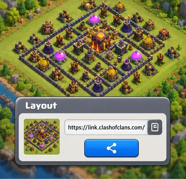 Панель обмена информацией о планировке деревни в Clash of Clans с предварительным просмотром деревни, адресом link.clashofclans.com и управлением доступом.