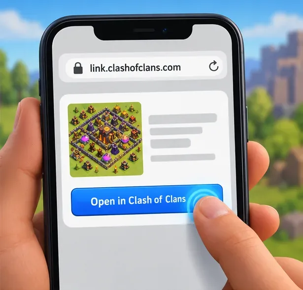 В браузере телефона отображается предварительный просмотр макета link.clashofclans.com и кнопка «Открыть в Clash of Clans».