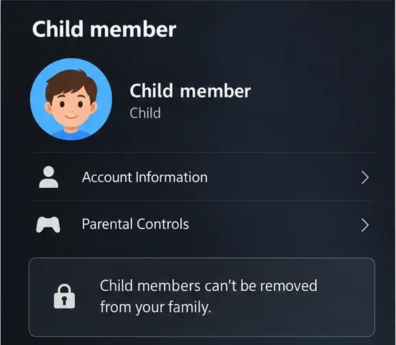 Illustrated child member page showing the notice that child members cannot be removed from the family.
