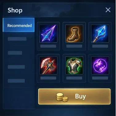 Mockup van de interface van een mobiele gameshop met aanbevolen apparatuur en een aparte 'Koop'-knop.