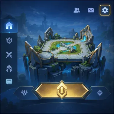 Een lobby-interface in de stijl van Mobile Legends, met het instellingenpictogram rechtsboven gemarkeerd.