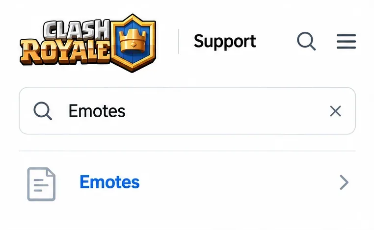 Exemple d'interface de recherche du support Clash Royale avec des emotes saisies et un lien vers un article sur les emotes ci-dessous.