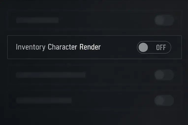Illustrative settings row labeled Inventory Character Render with its toggle set to Off