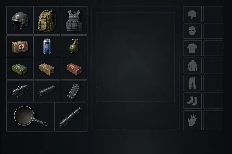 Illustrative PUBG-style inventory with item and equipment slots visible and an empty character-preview area
