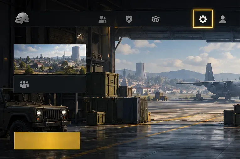 Illustrative PUBG-style lobby with the Settings gear highlighted in the upper menu bar