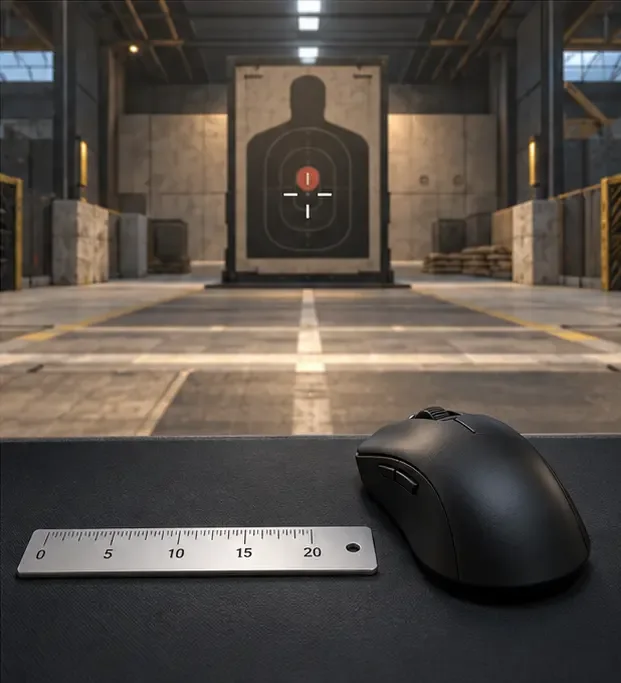 Een algemene oefenomgeving in first-person perspectief toont een gecentreerd vizier op een stilstaand doelwit, met een muiscursor naast een gemarkeerde liniaal.