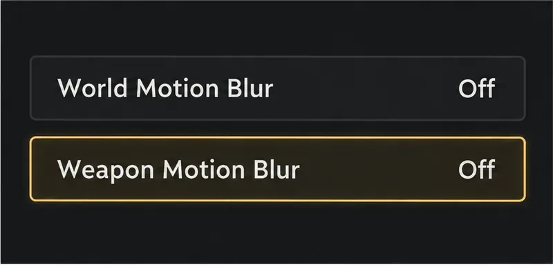 Illustratieve instellingenrijen waarbij zowel 'World Motion Blur' als 'Weapon Motion Blur' zijn uitgeschakeld, en 'Weapon Motion Blur' is geselecteerd.