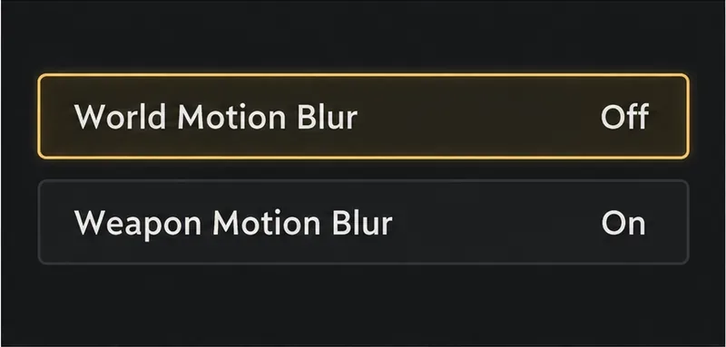 Illustratieve instellingenrijen met 'World Motion Blur' uitgeschakeld en 'Weapon Motion Blur' ingeschakeld.